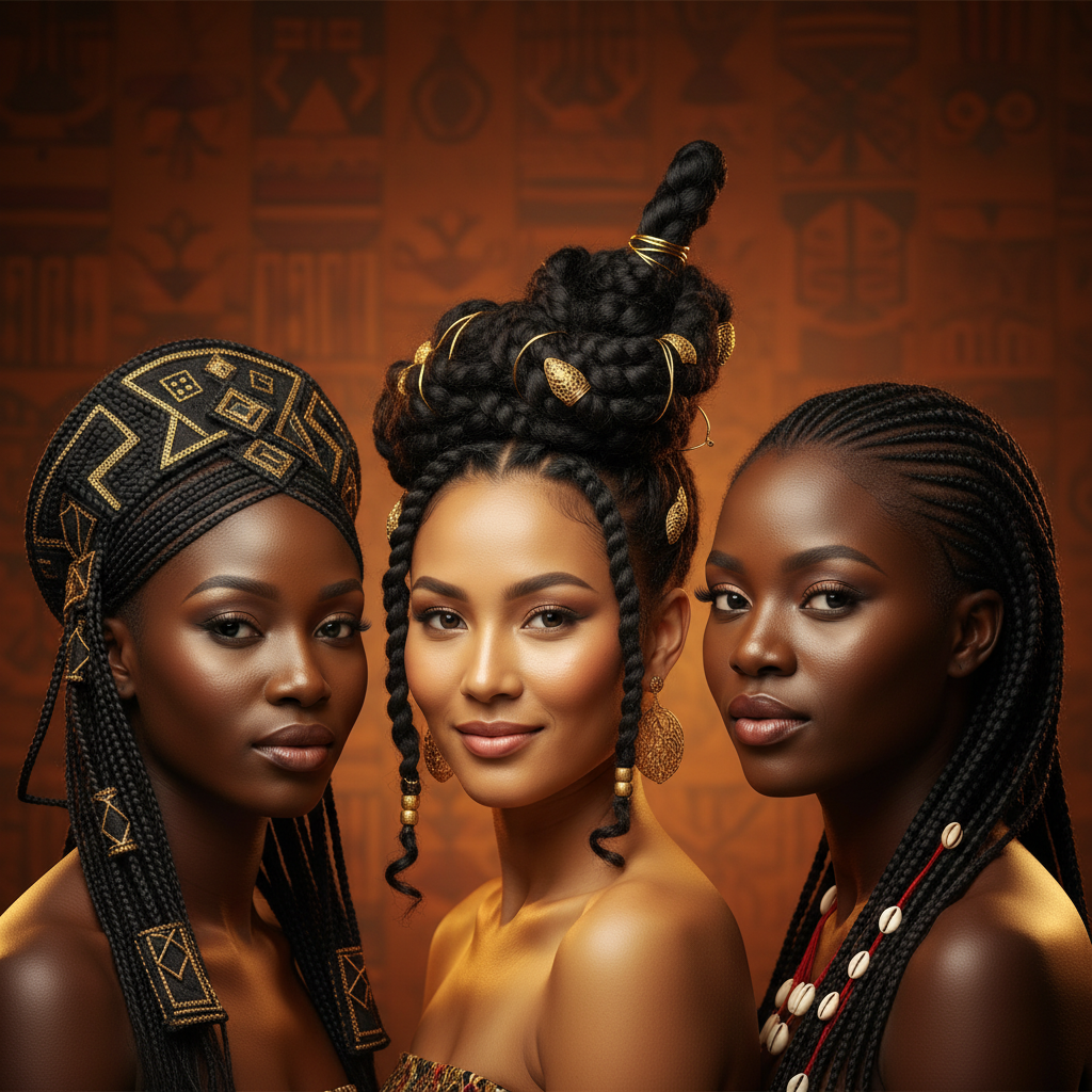Trois femmes africaines présentant des coiffures traditionnelles complexes avec tresses géométriques et accessoires dorés