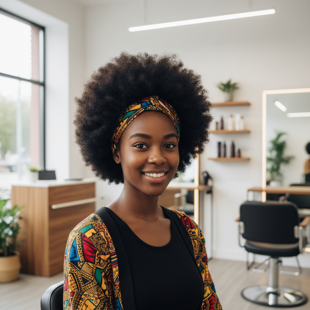Femme afro-américaine avec une coiffure afro naturelle volumineuse dans un salon de coiffure moderne