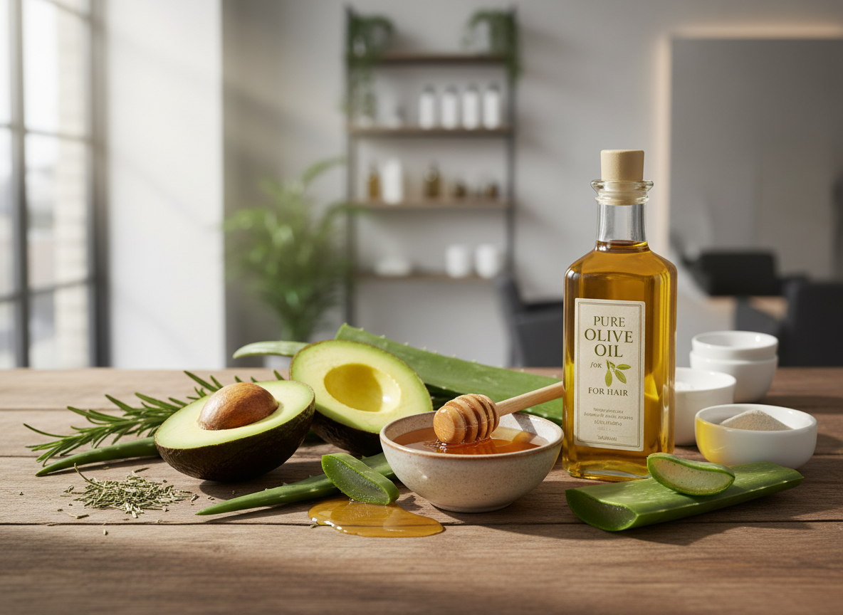 Ingrédients naturels pour soins anti-statique : avocat, miel, huile d'olive, aloe vera