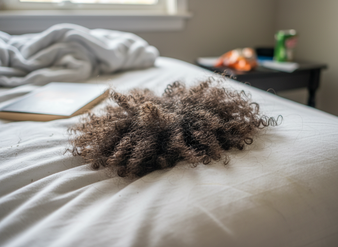 Cheveux afro d'enfant abîmés au réveil sur oreiller en coton