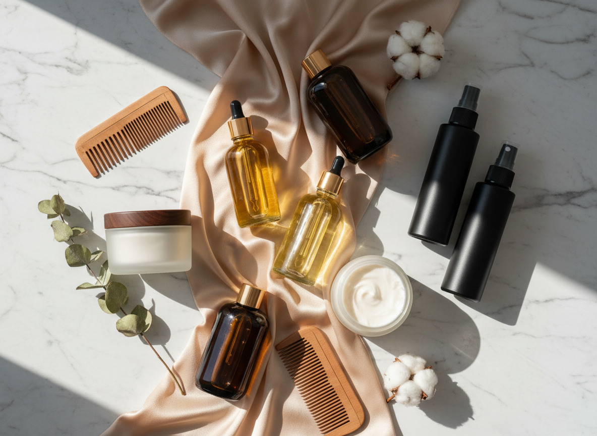 Produits de soins anti-humidité pour cheveux afro disposés élégamment