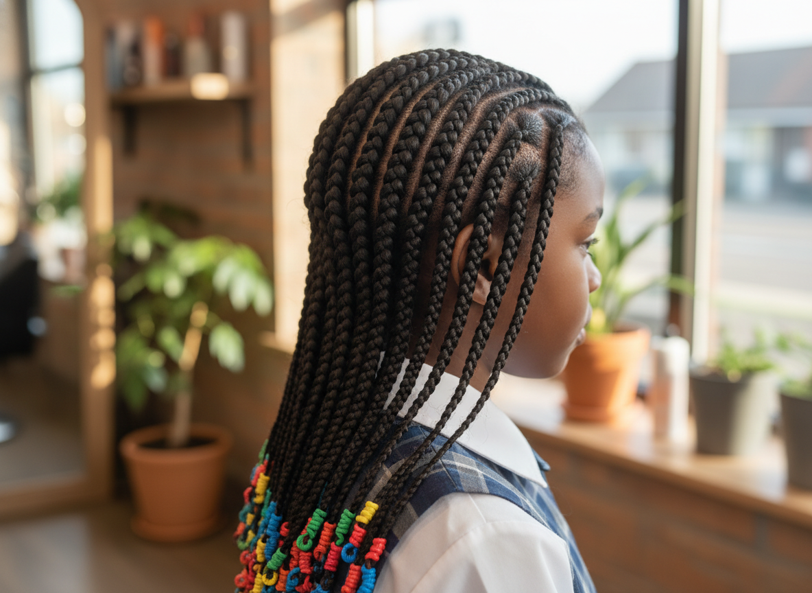 Tresses collées latérales sur petite fille afro, coiffure protectrice pour l'école