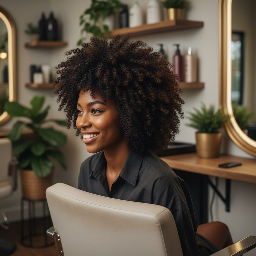 Femme noire avec une coiffure afro naturelle élégante dans un salon de coiffure moderne