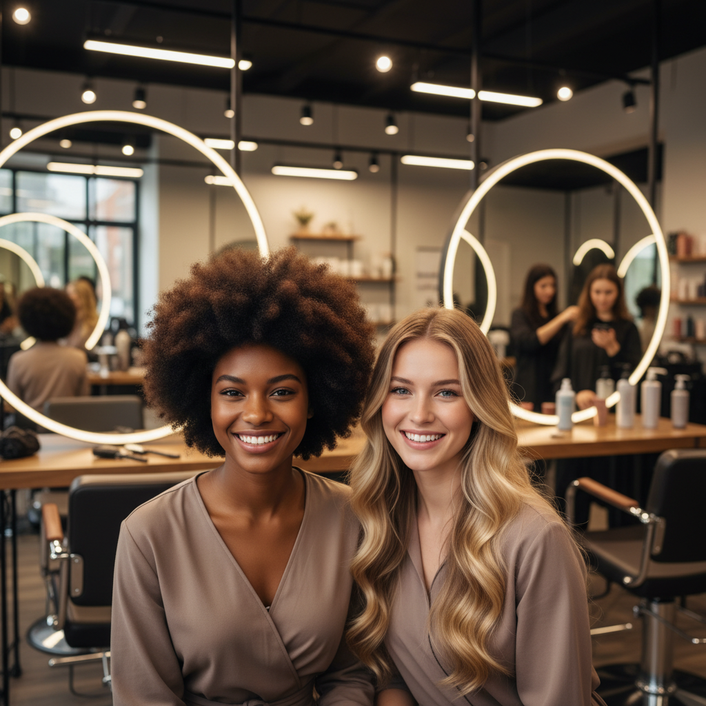 Deux jeunes femmes aux textures de cheveux différentes dans un salon de coiffure moderne