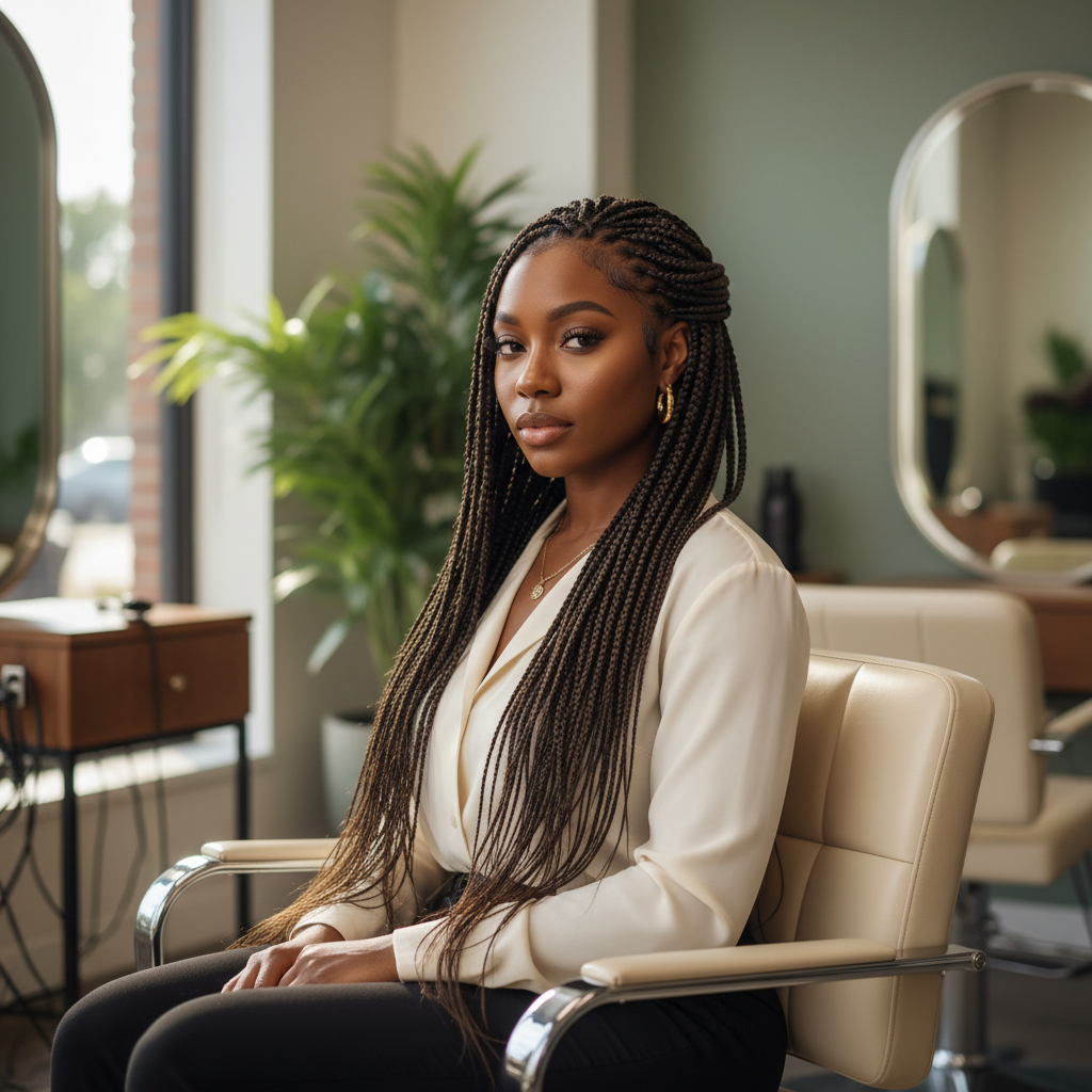 Femme élégante avec des box braids dans un salon de coiffure professionnel