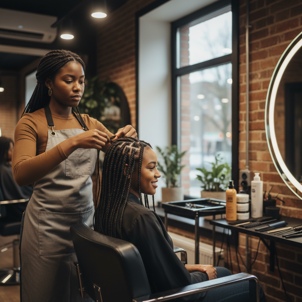 Coiffeuse professionnelle réalisant des box braids sur une cliente dans un salon moderne