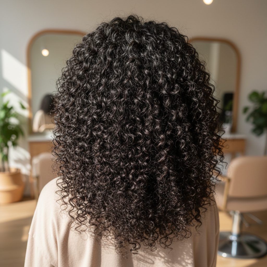 Gros plan sur de magnifiques boucles naturelles coiffées avec la technique wash and go