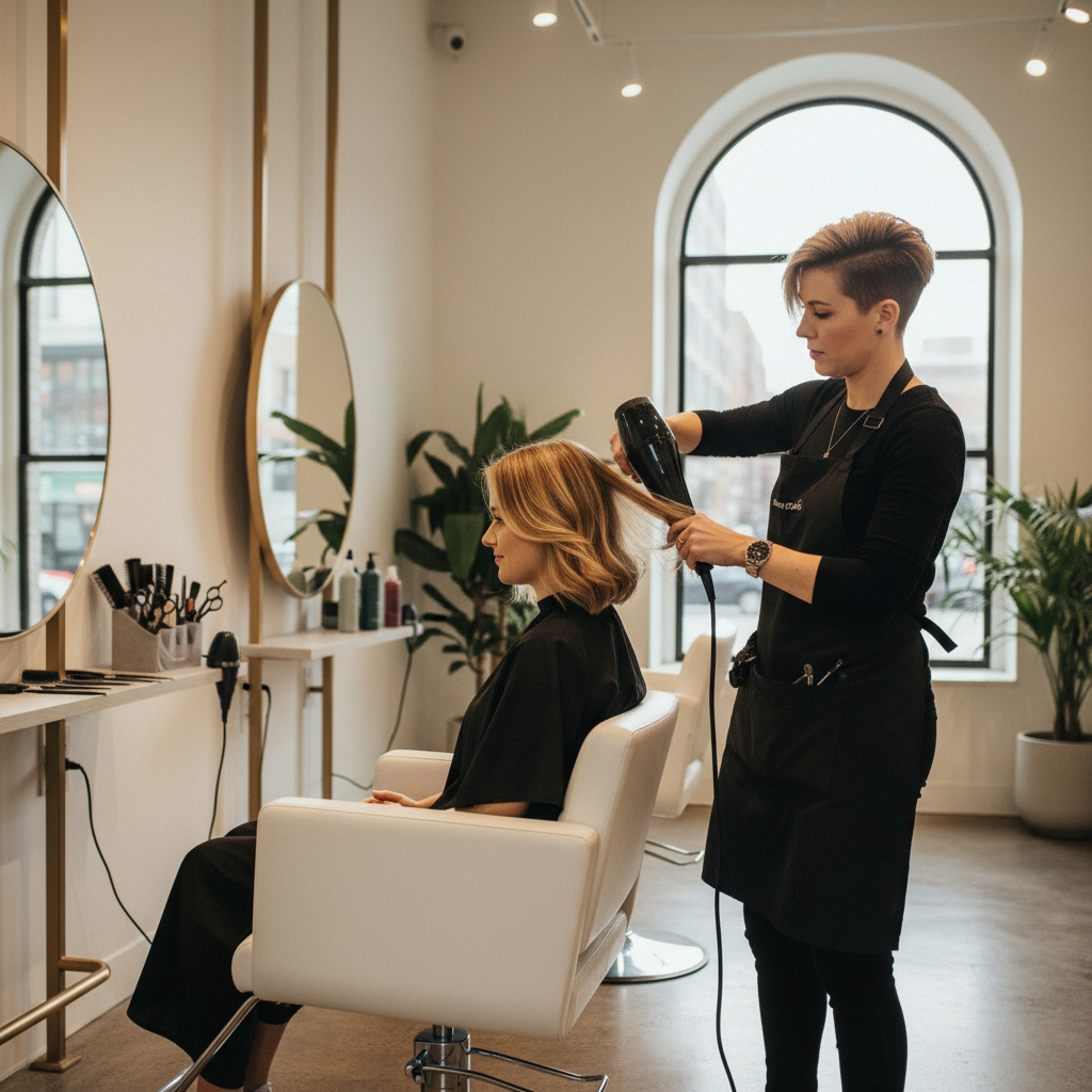 Coiffeuse réalisant un bob classique sur cheveux blonds dans un salon moderne