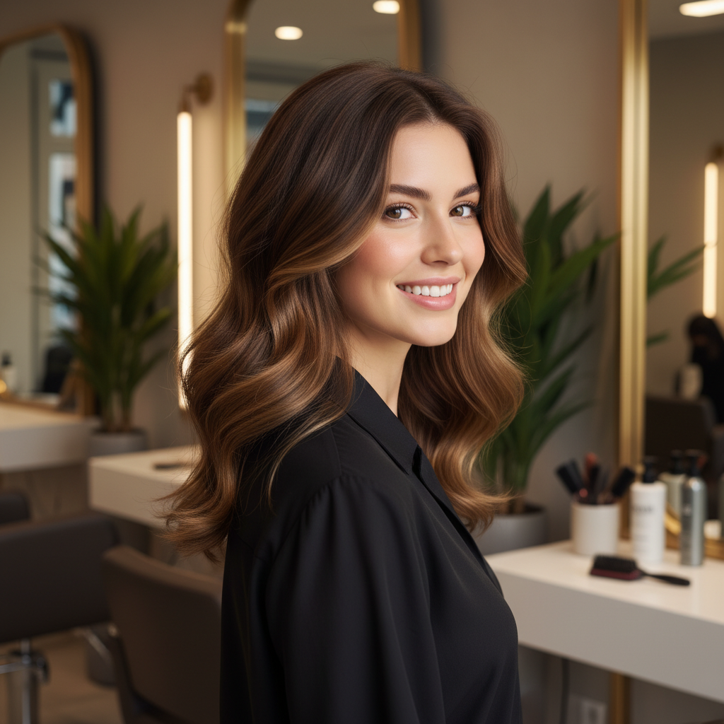 Femme aux cheveux ondulés effet plage dans un style décontracté chic