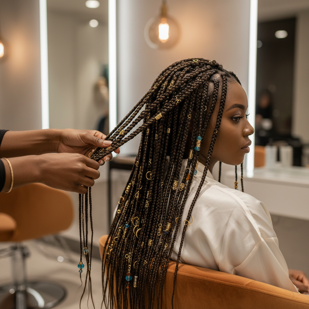 Femme afro avec des tresses décorées de bijoux dorés et perles colorées dans un salon moderne