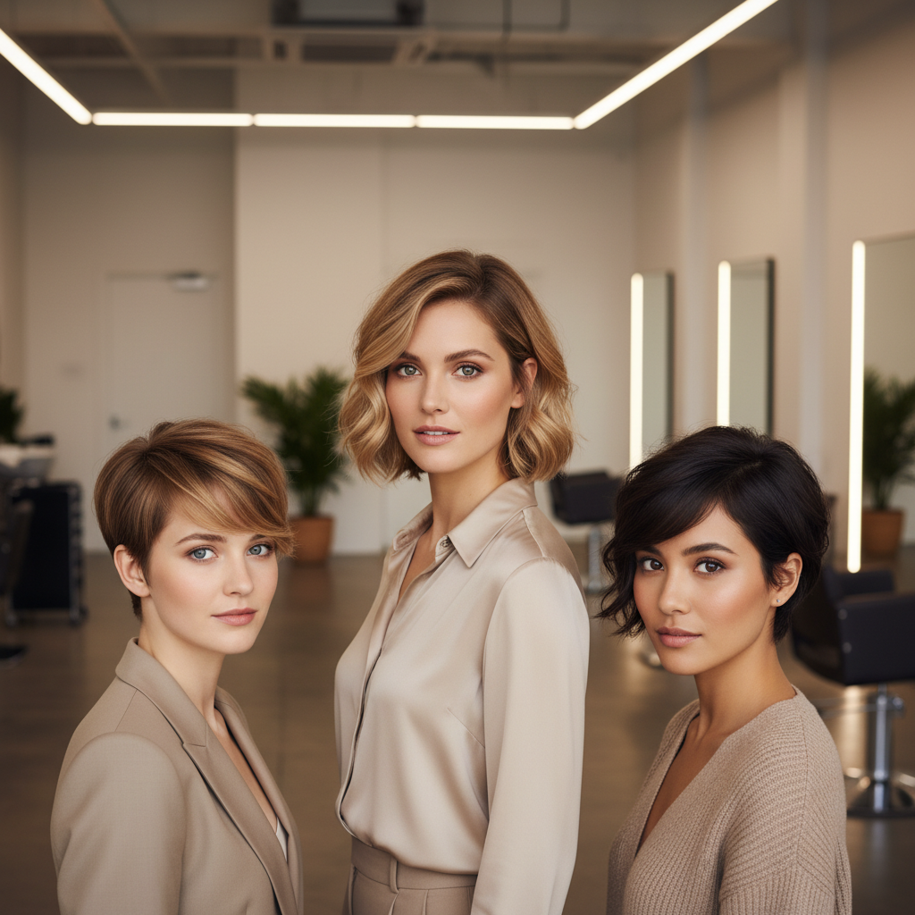 Trois femmes présentant différentes coiffures courtes : pixie cut, bob dégradé et carré asymétrique