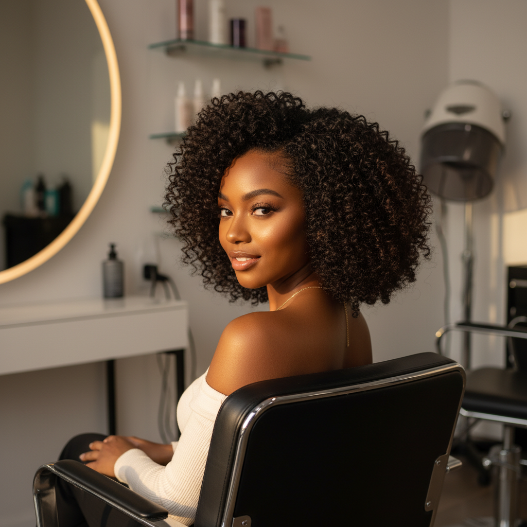 Femme noire aux cheveux afro bouclés naturels coiffés en wash and go dans un salon professionnel