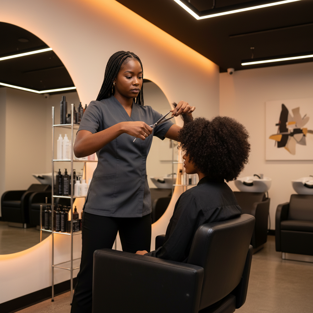 Coiffeuse afro professionnelle effectuant une coupe à sec sur cheveux texturés dans son salon