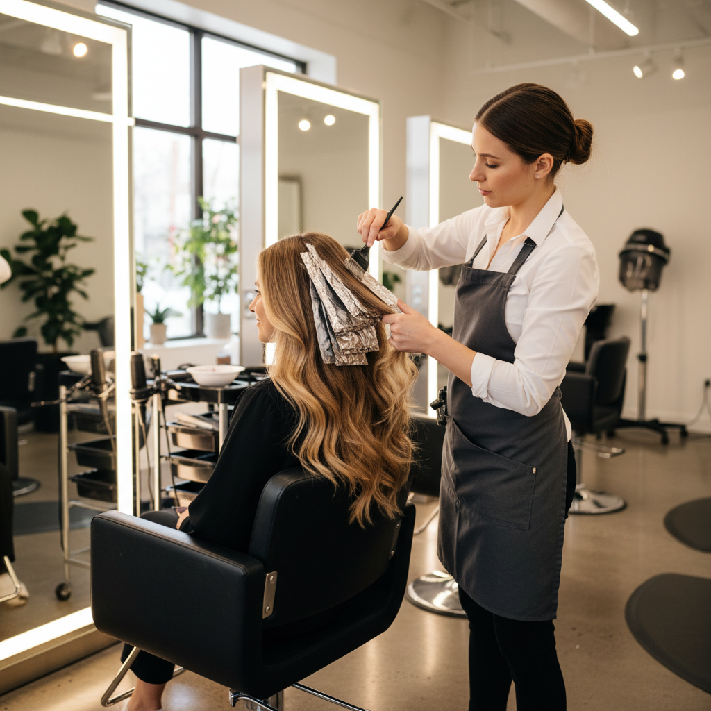 Coiffeuse appliquant une coloration blond miel sur des cheveux caucasiens dans un salon professionnel