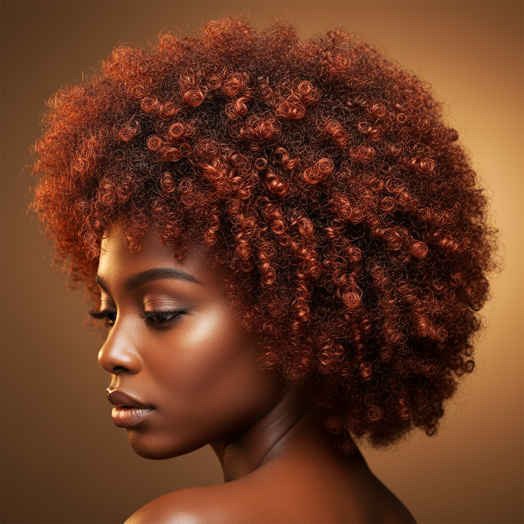 Cheveux afro texturés avec une magnifique coloration auburn cuivrée mettant en valeur les boucles naturelles
