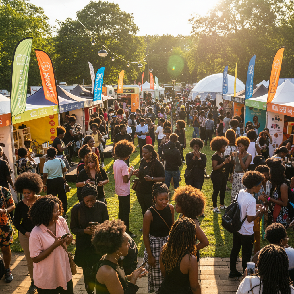 Vue d'ensemble de l'événement Natural Hair Academy avec des stands d'exposition et des visiteurs aux cheveux naturels dans un cadre verdoyant