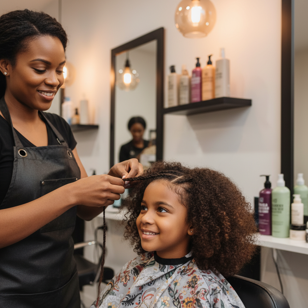 Coiffeuse professionnelle réalisant une coiffure protectrice sur une enfant aux cheveux naturels dans un environnement chaleureux