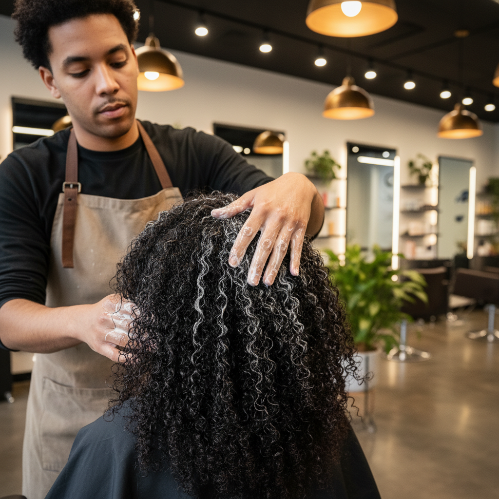 Coiffeuse appliquant un masque hydratant sur des cheveux afro dans un salon professionnel