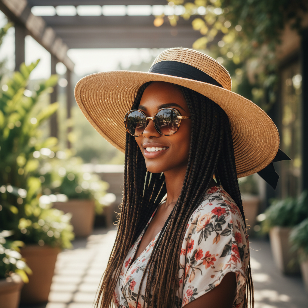 Femme avec cheveux afro protégés par un chapeau élégant pour l'été