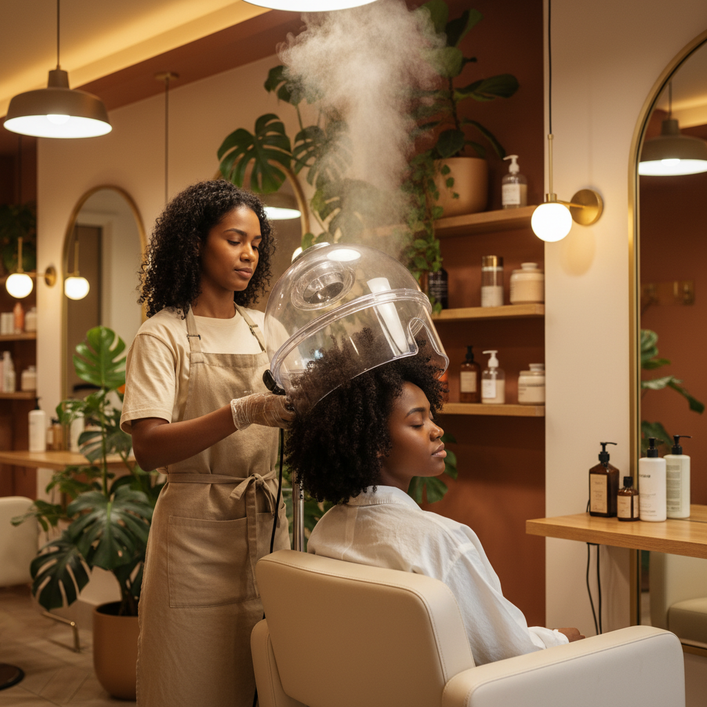Femme afro recevant un soin hydratant à la vapeur dans un salon de coiffure professionnel