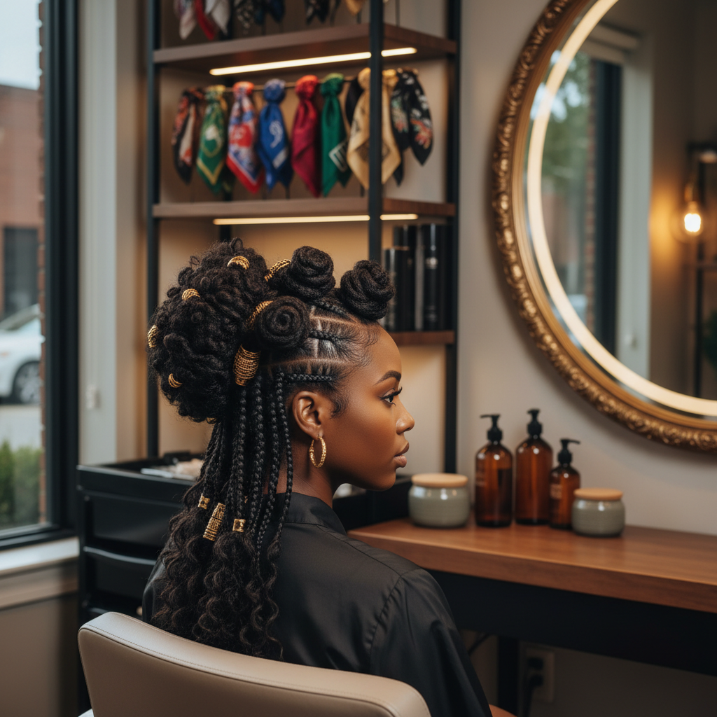 Femme afro arborant des coiffures protectrices élégantes avec tresses et accessoires en satin