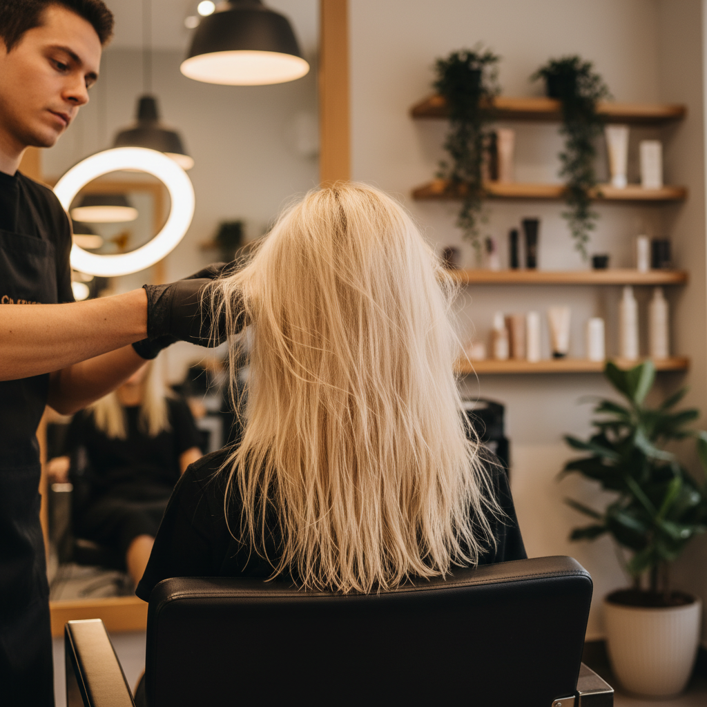 Coiffeuse examinant des cheveux caucasiens secs et abîmés par l'exposition au soleil