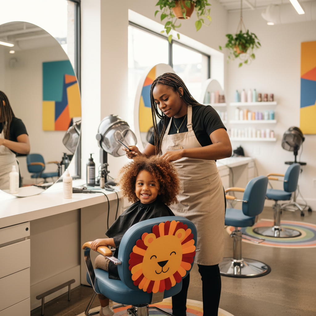 Coiffeuse professionnelle coiffant délicatement les cheveux bouclés d'un enfant dans un salon moderne et accueillant