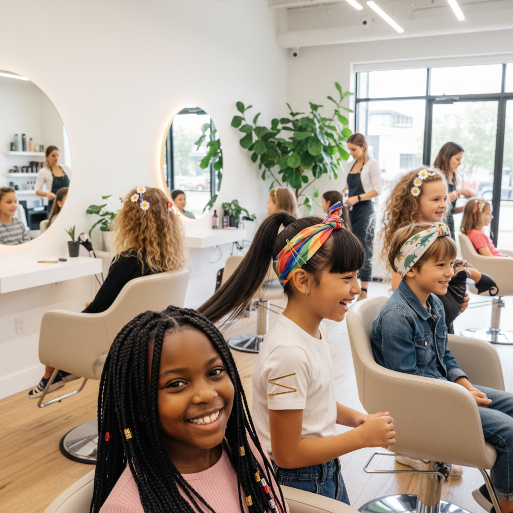 Showcase de coiffures tendance pour enfants avec accessoires colorés dans un salon professionnel