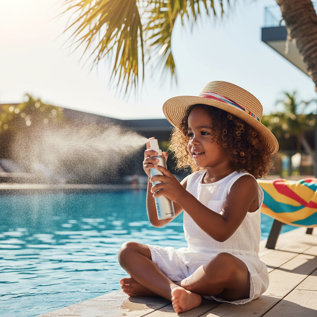 Enfant avec cheveux afro appliquant une protection solaire près d'une piscine en été