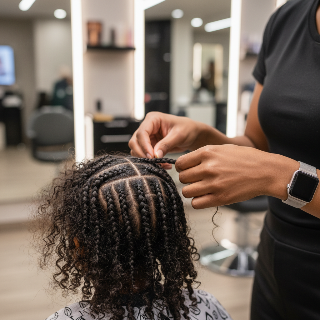 Coiffeuse professionnelle réalisant des tresses protectrices sur cheveux d'enfant