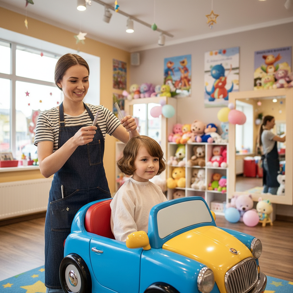 Enfant dans un salon de coiffure avec une coupe courte moderne