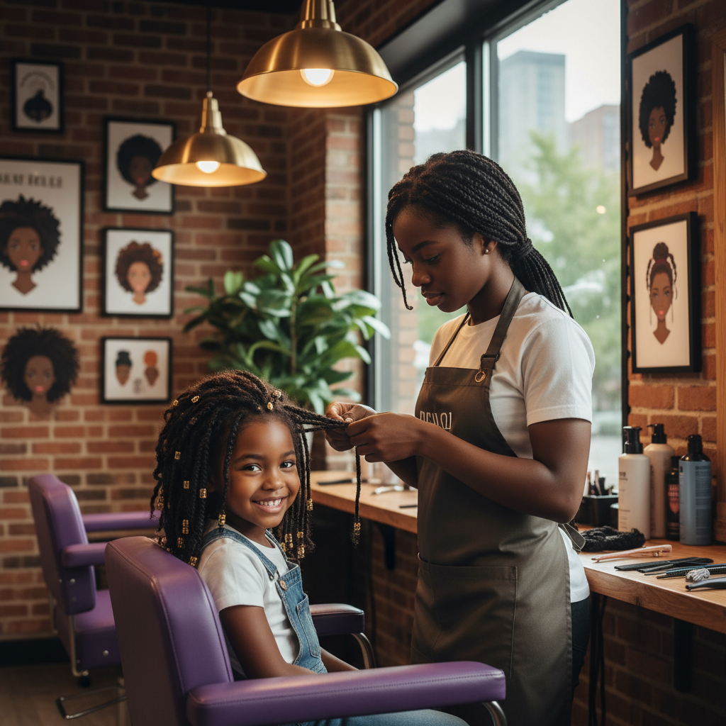 Enfant aux cheveux afro avec des tresses protectrices dans un salon spécialisé