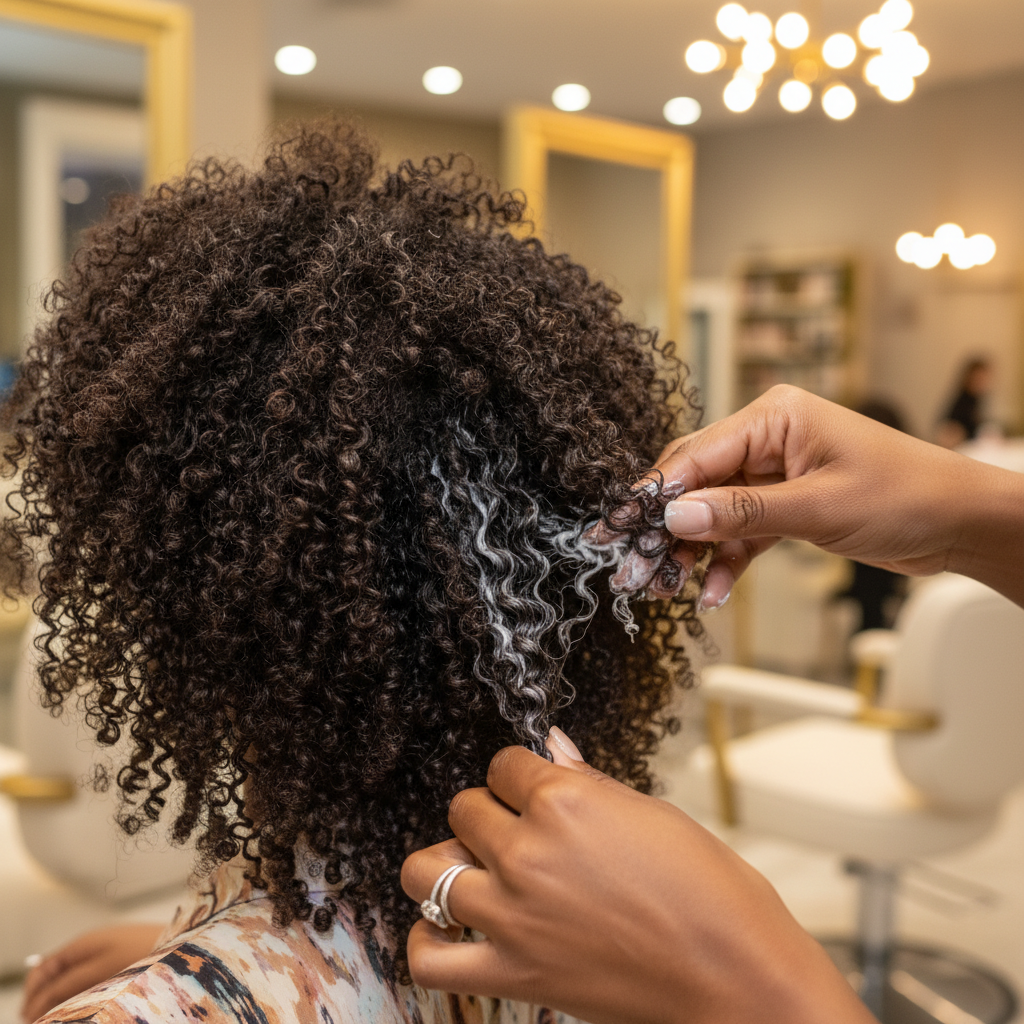 Coiffeuse appliquant une crème hydratante sur les boucles naturelles d'une femme aux cheveux afro