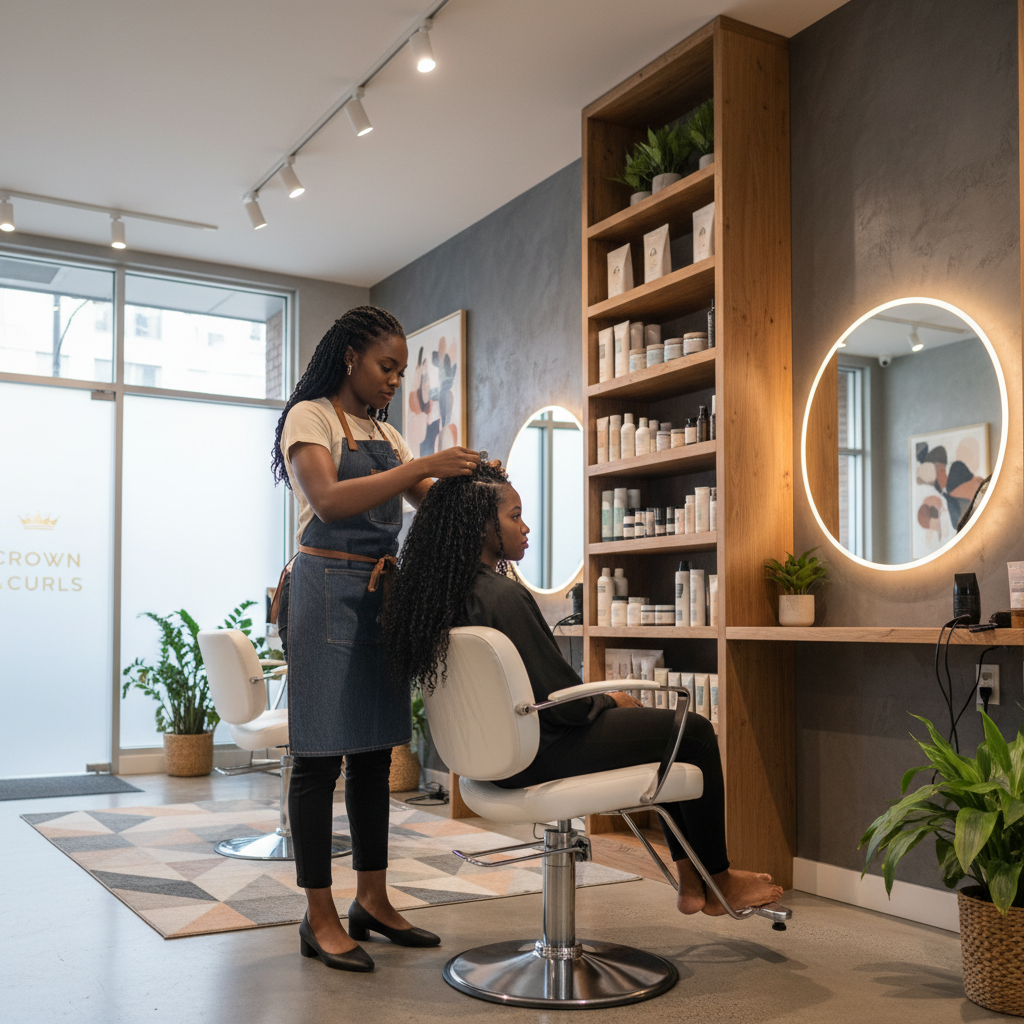 Salon de coiffure professionnel spécialisé dans les cheveux afro avec coiffeuse experte