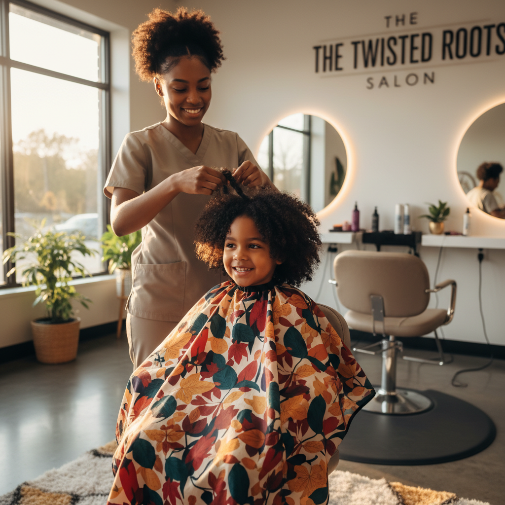 Enfant aux cheveux afro recevant une coiffure protectrice dans un salon professionnel