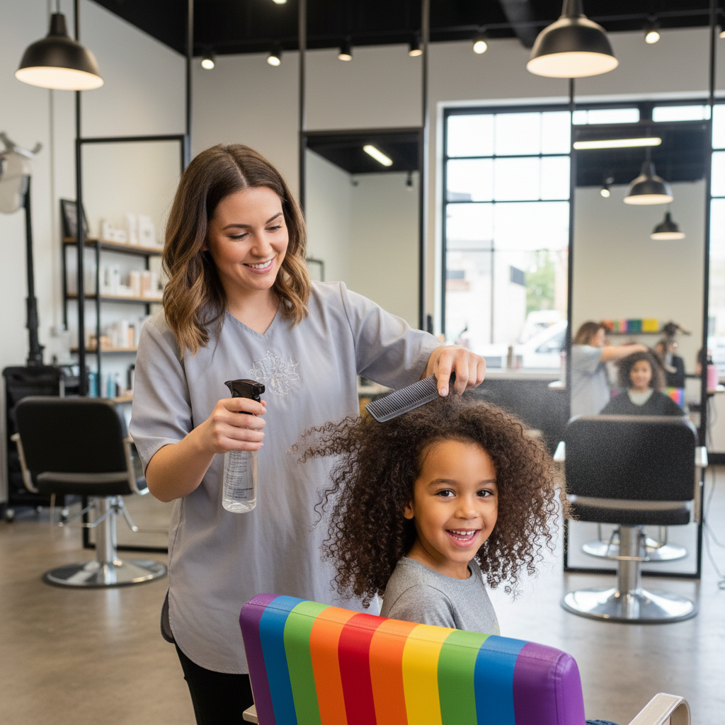 Coiffeuse démêlant délicatement les cheveux longs d'un enfant dans un salon
