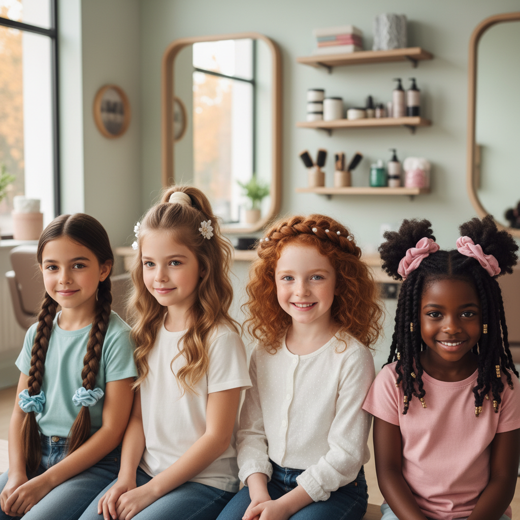 Différentes coiffures protectrices pour enfants aux cheveux longs dans un salon professionnel