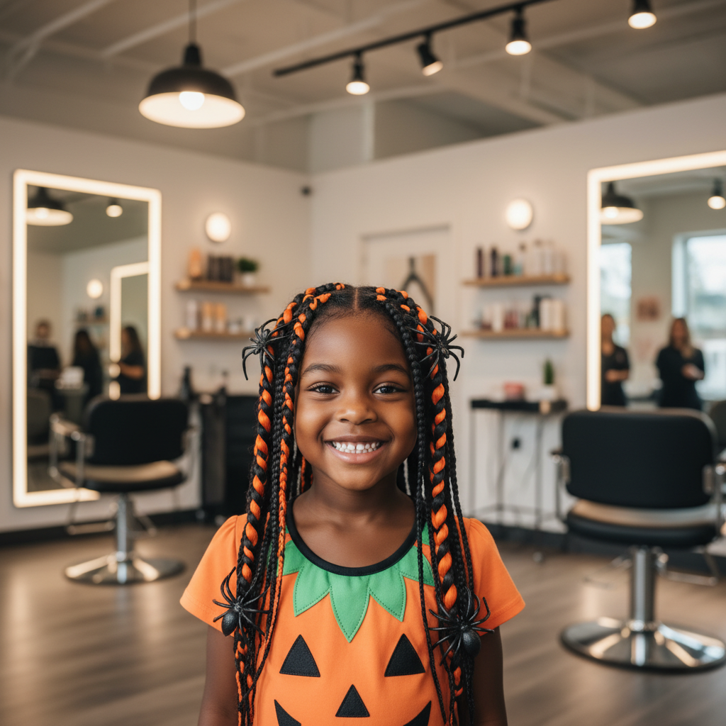 Enfant avec des tresses décorées de rubans orange et noirs et petites araignées pour Halloween