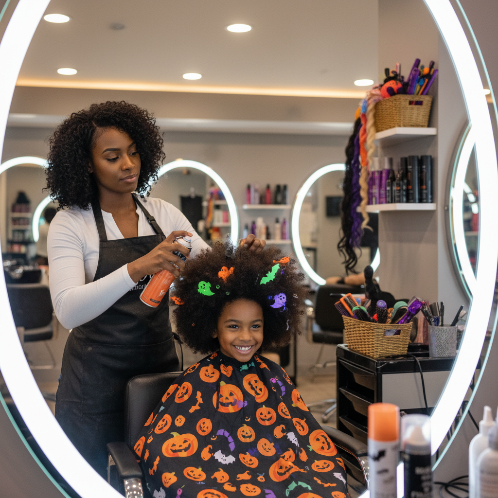 Coiffeuse professionnelle créant une coiffure Halloween sur cheveux afro d'enfant