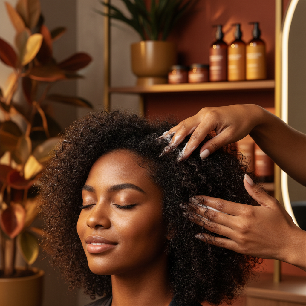 Coiffeuse appliquant un soin hydratant sur des cheveux afro bouclés dans un salon professionnel