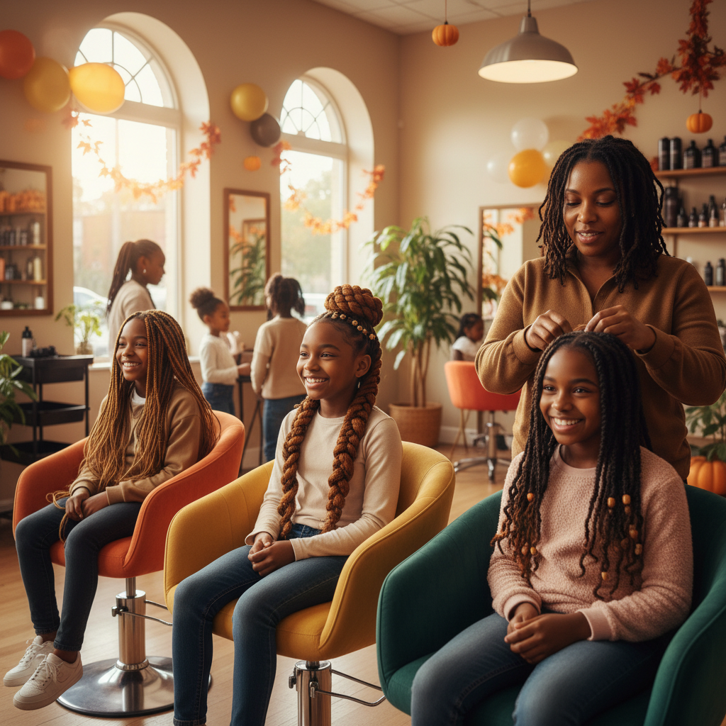 Enfants aux cheveux afro portant différentes coiffures protectrices dans un salon de coiffure spécialisé