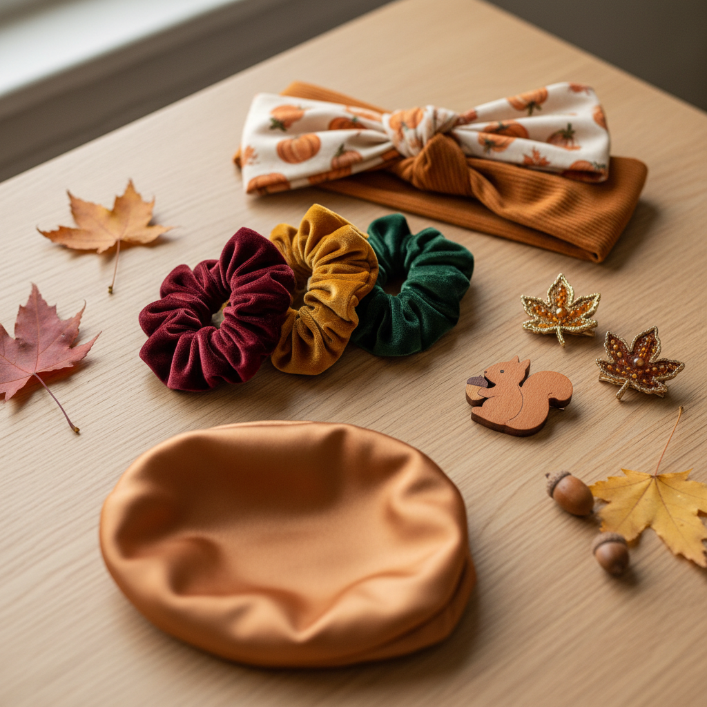 Collection d'accessoires capillaires pour enfants aux couleurs d'automne : chouchous en velours, barrettes décoratives et bandeaux