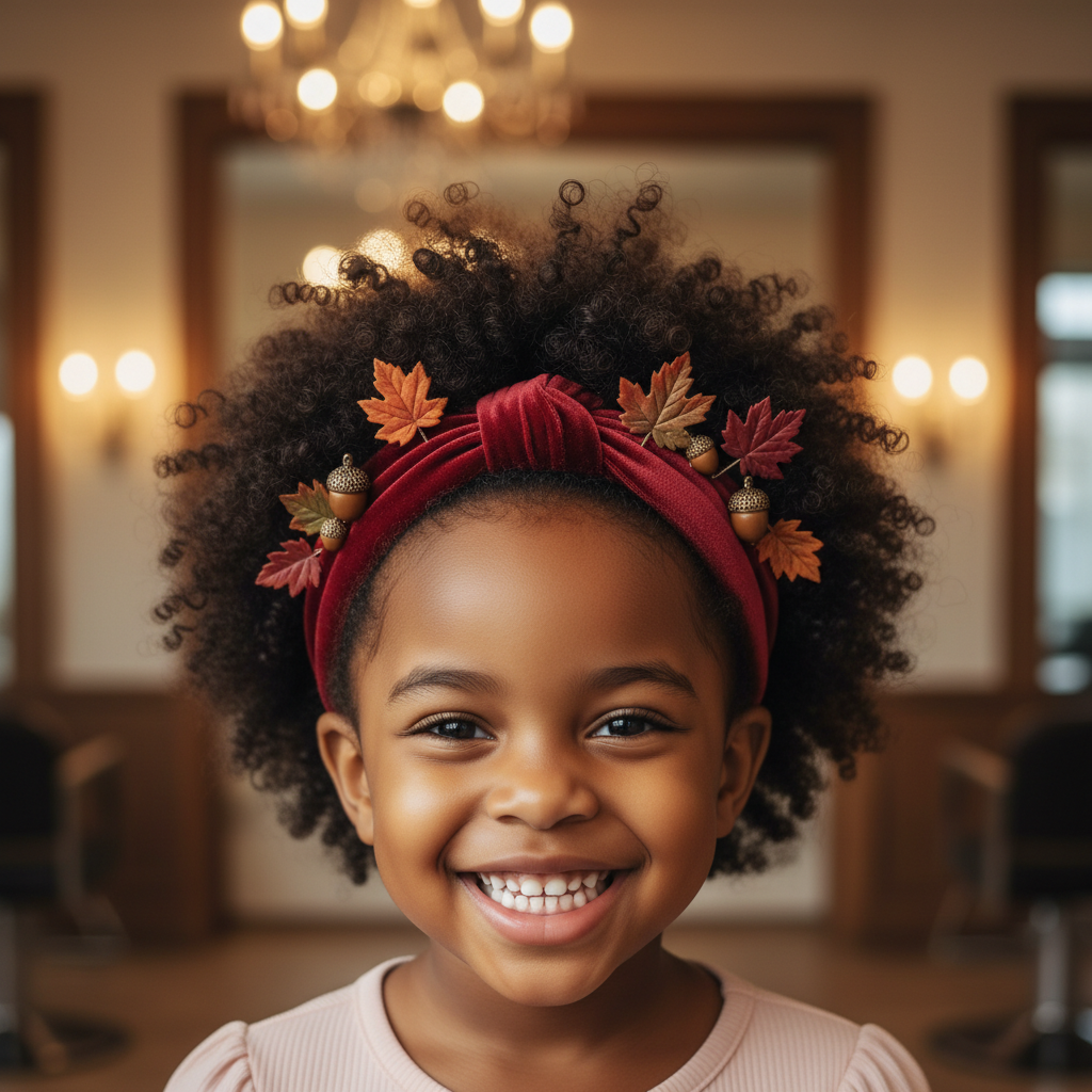 Enfant aux cheveux afro portant un bandeau en velours bordeaux et des barrettes décoratives