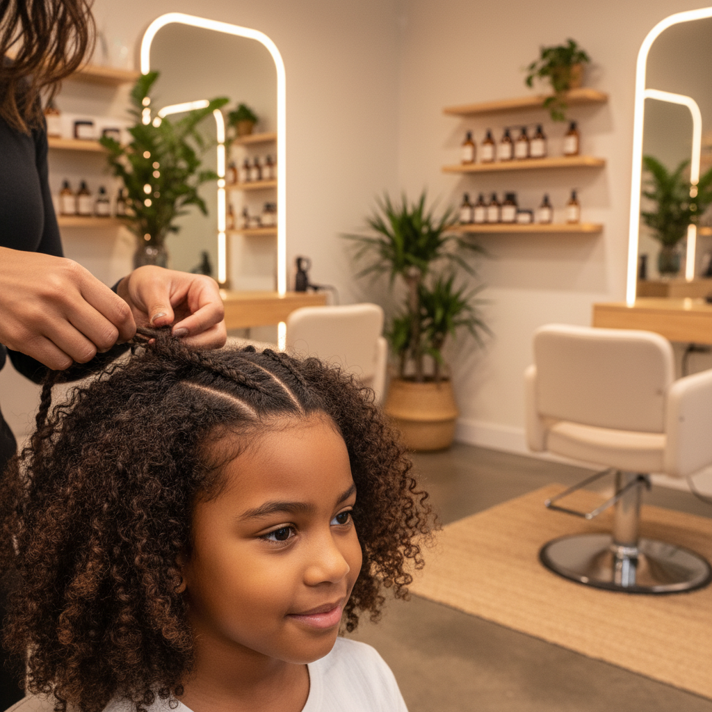 Enfant aux cheveux afro recevant une coiffure protectrice dans un salon professionnel