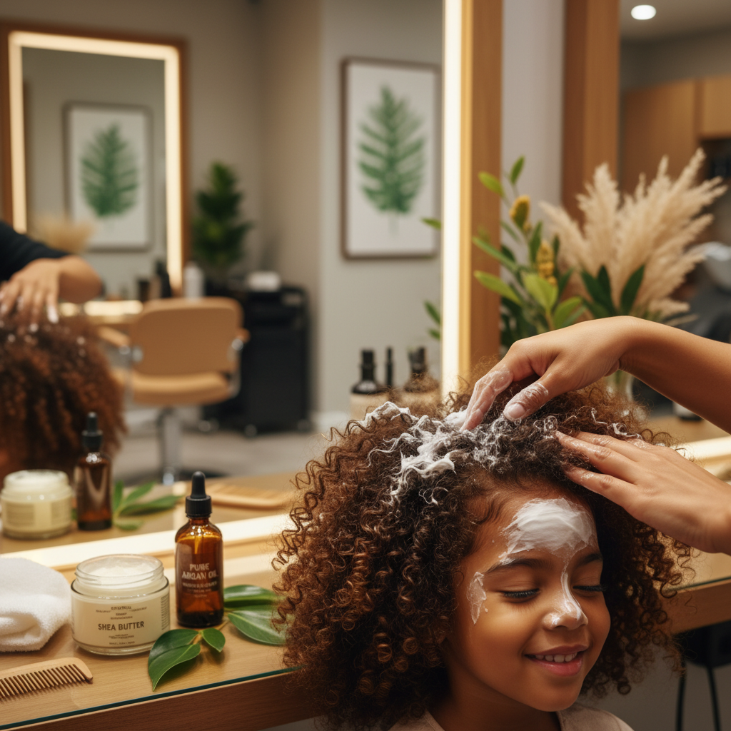Application professionnelle de masque hydratant sur cheveux texturés d'enfant