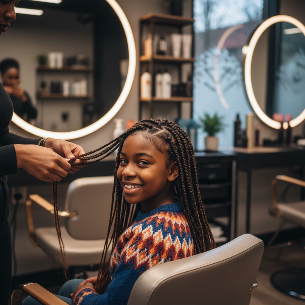 Fillette aux cheveux afro avec des box braids dans un salon de coiffure professionnel