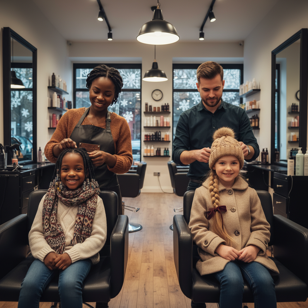 Deux enfants avec des coiffures protectrices hivernales dans un salon professionnel