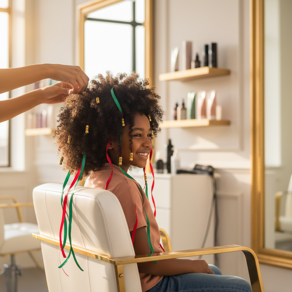 Jeune fille avec une coiffure festive afro ornée de nattes et perles dorées dans un salon de coiffure