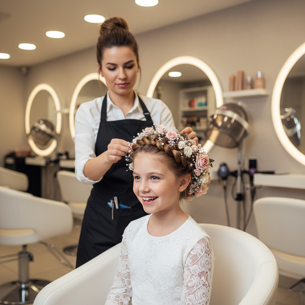 Jeune fille caucasienne avec une tresse couronne ornée d'accessoires festifs dans un salon professionnel