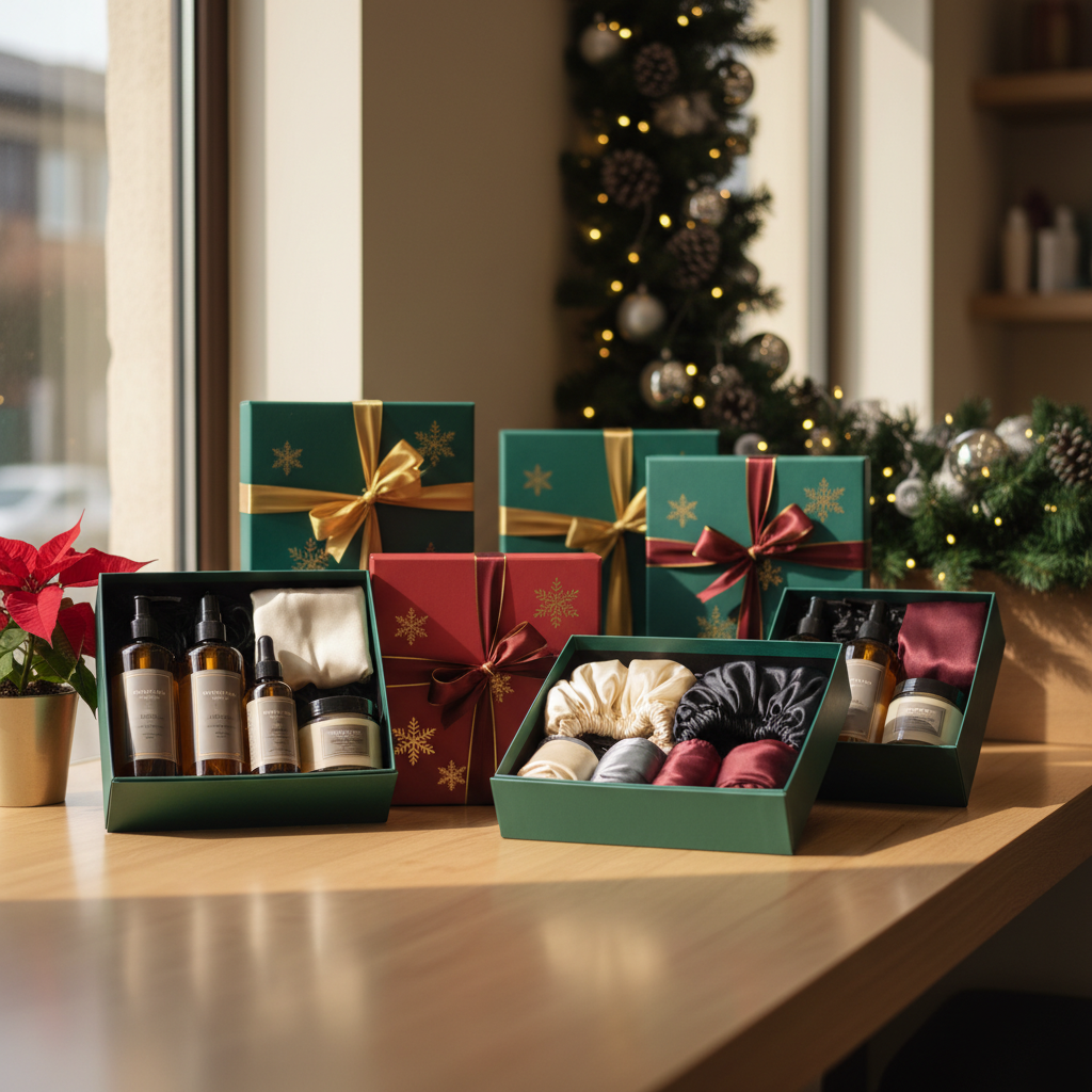 Coffrets cadeaux de soins capillaires disposés sur un comptoir de salon avec produits hydratants et accessoires pour cheveux afro et caucasiens